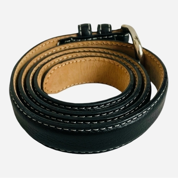 Unisex Belt TALBOTS Black White Seam Genuine Leather Belt Silver Buckle Belt - Picture 4 of 5